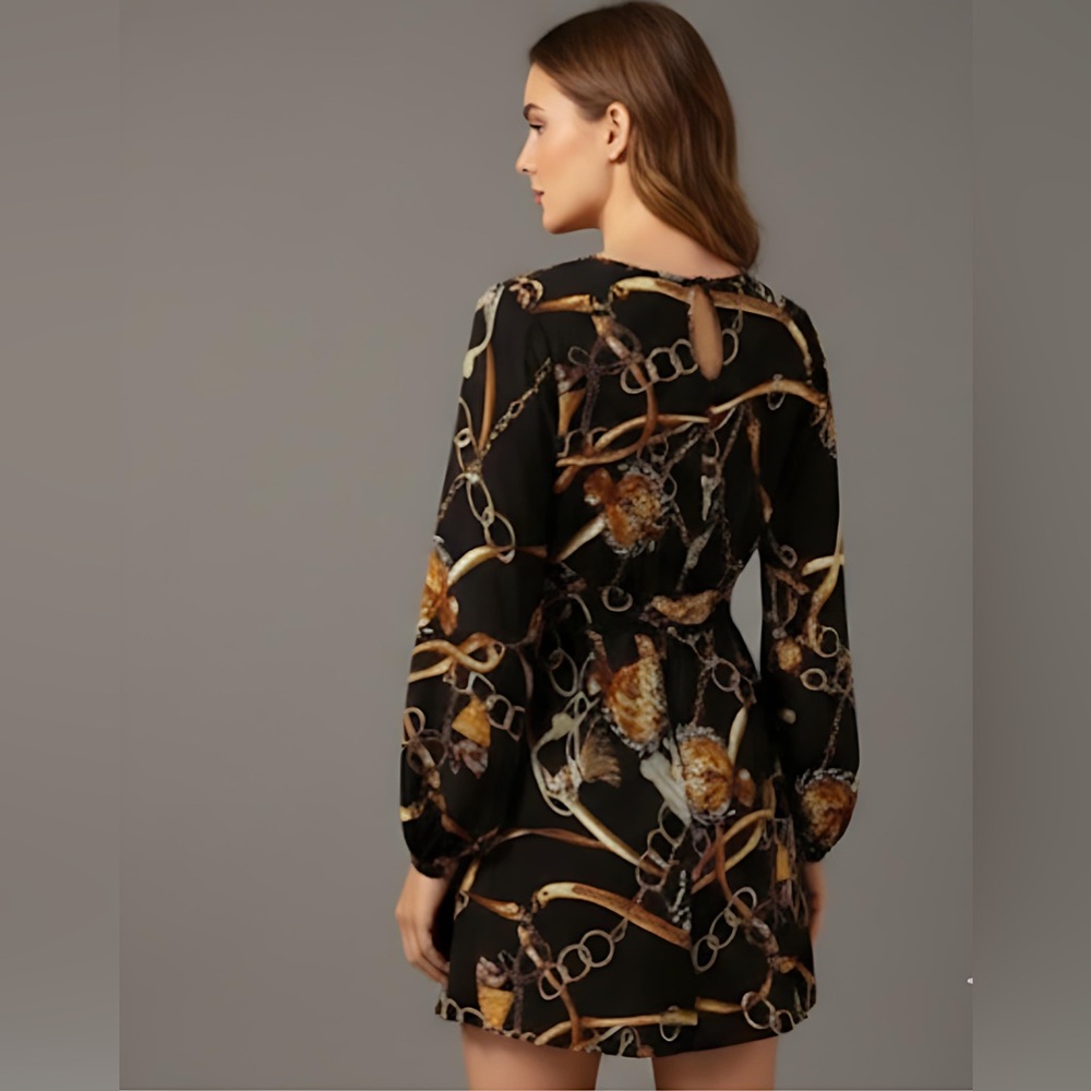Bishop Sleeve Chain Print Belted Dress - Picture 4 of 9